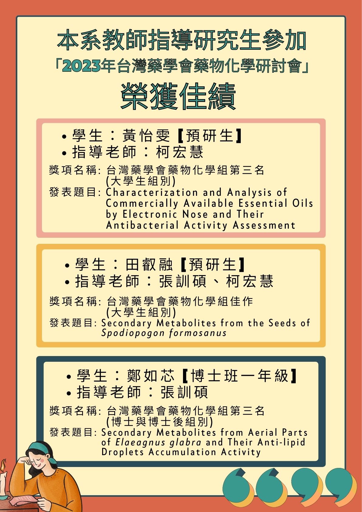 2023年台灣藥學會藥物化學研討會榮獲佳績
